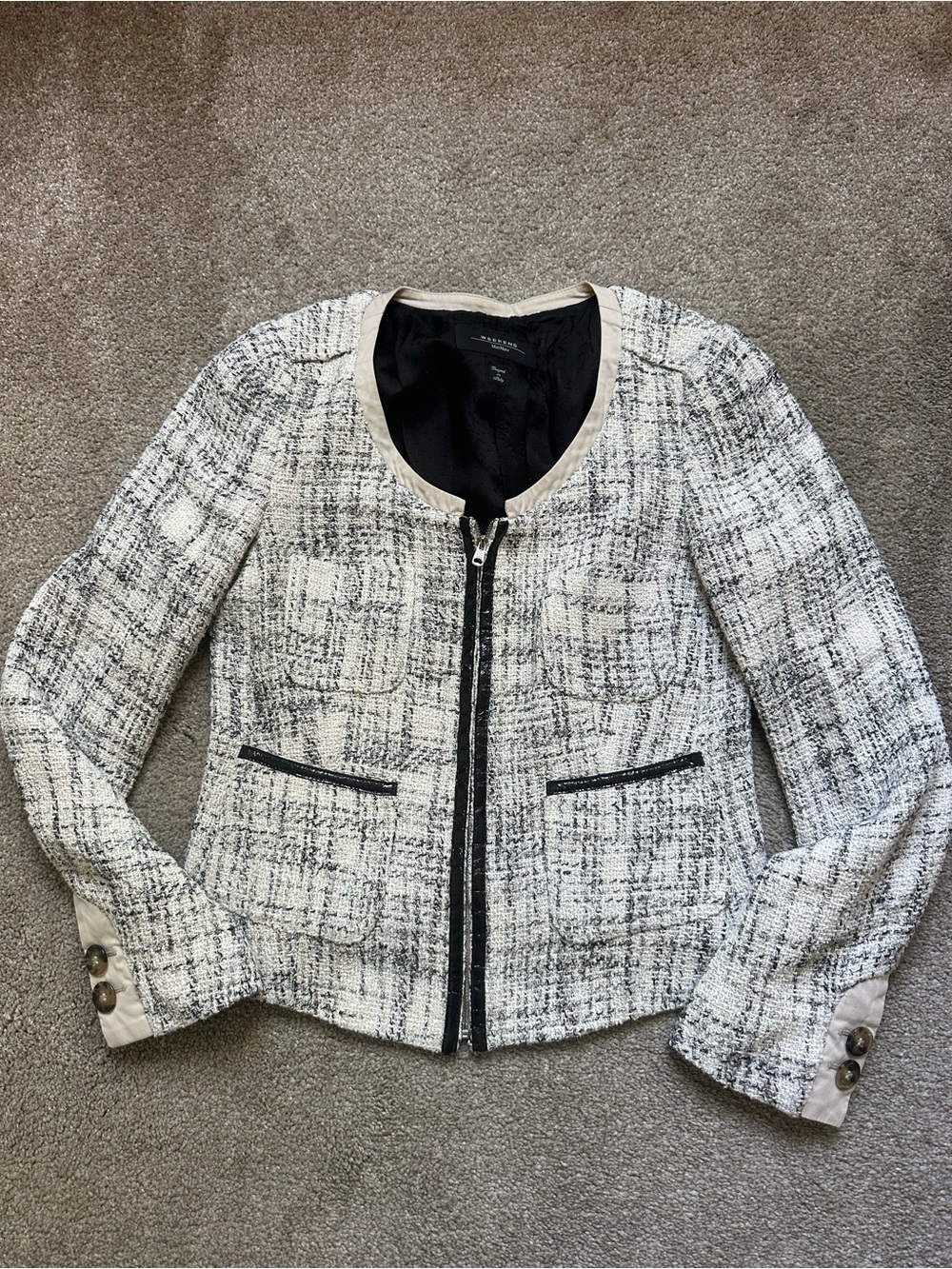 Weekend Max Mara Patent Leather Trim Tweed Zip Up Blazer Jacket Sz 4